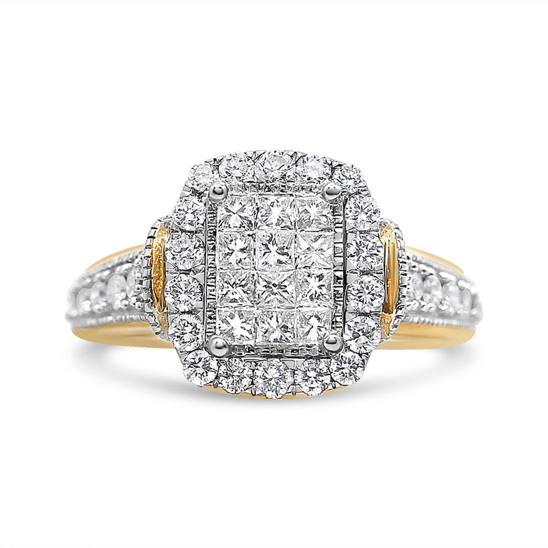 Bids.com 14K Yellow and White Gold 1.00 Cttw Princess and Round Cut Emerald Shaped Halo Diamond Cluster Ring (SI1-SI2 Clarity, H-I Color) - Size 7 Rings