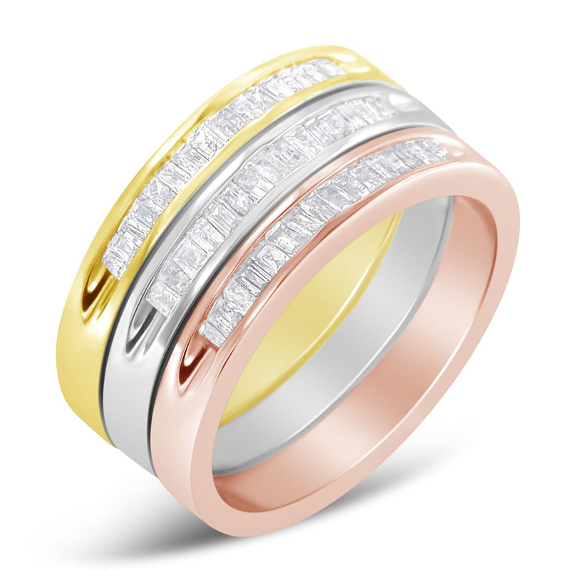 Bids.com 10K Yellow, White and Rose Gold over .925 Sterling Silver 5/8 Cttw Diamond Channel-Set Stackable Band Ring Set (H-I Color, I1-I2 Clarity) - Size 6 3/4 Rings