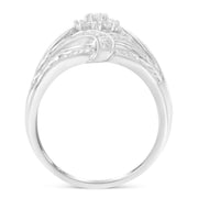 Bids.com .925 Sterling Silver 1-1/8 Cttw Round & Baguette Diamond 'Flower & Fern' Cluster Cocktail Fashion Ring (I-J Color, I2-I3 Clarity) - Size 6 Rings