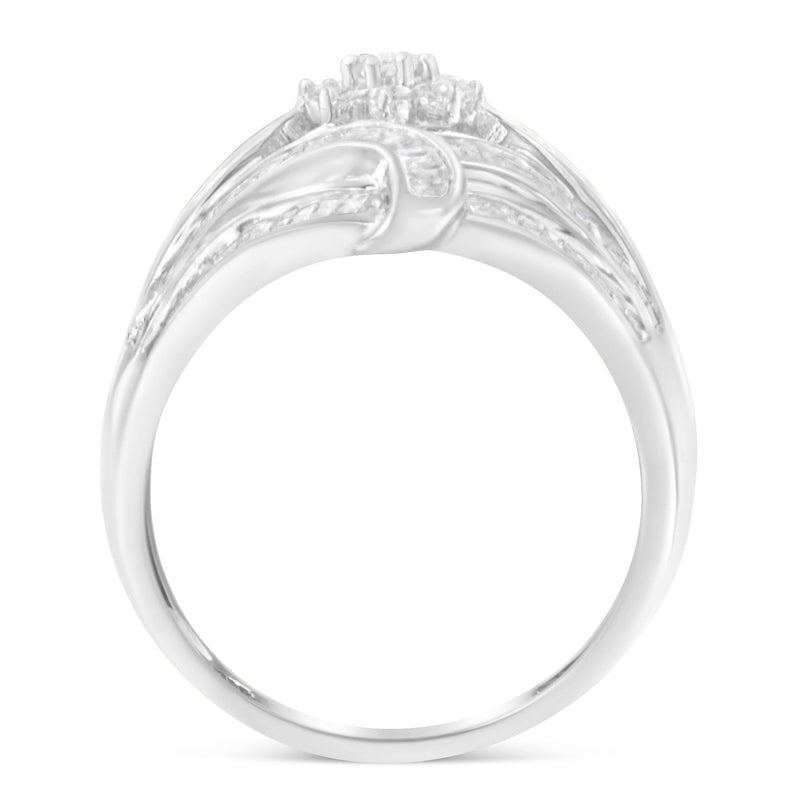 Bids.com .925 Sterling Silver 1-1/8 Cttw Round & Baguette Diamond 'Flower & Fern' Cluster Cocktail Fashion Ring (I-J Color, I2-I3 Clarity) - Size 6 Rings