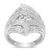 Bids.com .925 Sterling Silver 1-1/8 Cttw Round & Baguette Diamond 'Flower & Fern' Cluster Cocktail Fashion Ring (I-J Color, I2-I3 Clarity) - Size 6 Rings