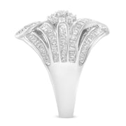 Bids.com .925 Sterling Silver 1-1/8 Cttw Round & Baguette Diamond 'Flower & Fern' Cluster Cocktail Fashion Ring (I-J Color, I2-I3 Clarity) - Size 6 Rings