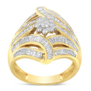 Bids.com 10K Yellow Gold Flashed .925 Sterling Silver 1-1/8 Cttw Round & Baguette Diamond 'Flower & Fern' Cluster Cocktail Fashion Ring (I-J Color, I2-I3 Clarity) - Size 6 Rings