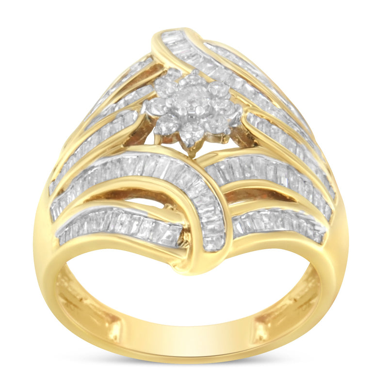 Bids.com 10K Yellow Gold Flashed .925 Sterling Silver 1-1/8 Cttw Round & Baguette Diamond 'Flower & Fern' Cluster Cocktail Fashion Ring (I-J Color, I2-I3 Clarity) - Size 6 Rings
