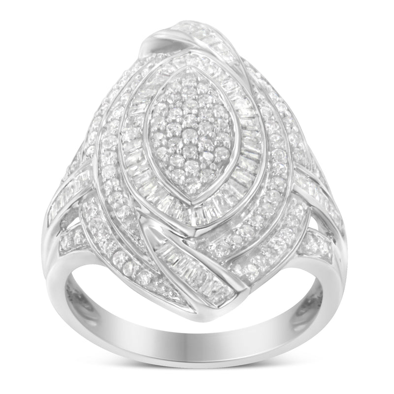 Bids.com .925 Sterling Silver & 1-1/8 Cttw Diamond Marquise Shaped Cluster Triple Halo Knot Cocktail Fashion Ring (I-J Color, I2-I3 Clarity) - Size 6 Rings