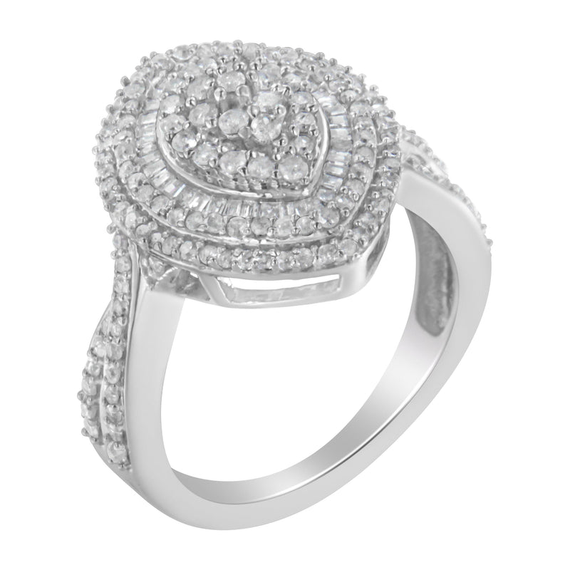 Bids.com .925 Sterling Silver 1.0 Cttw Round & Baguette-Cut Diamond Marquise-Shaped Cluster Triple Stepped Halo Cocktail Fashion Ring (I-J Color, I2-I3 Clarity) - Size 7 Rings