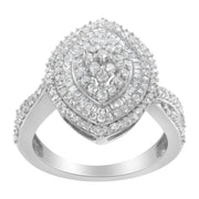 Bids.com .925 Sterling Silver 1.0 Cttw Round & Baguette-Cut Diamond Marquise-Shaped Cluster Triple Stepped Halo Cocktail Fashion Ring (I-J Color, I2-I3 Clarity) - Size 7 Rings