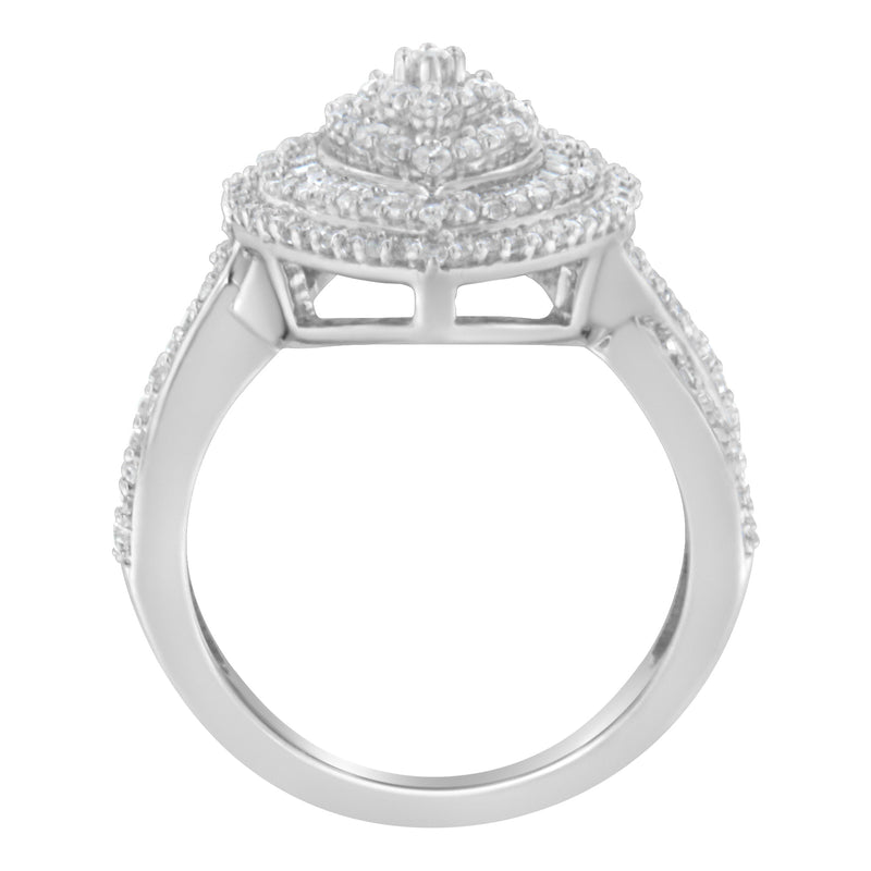 Bids.com .925 Sterling Silver 1.0 Cttw Round & Baguette-Cut Diamond Marquise-Shaped Cluster Triple Stepped Halo Cocktail Fashion Ring (I-J Color, I2-I3 Clarity) - Size 7 Rings