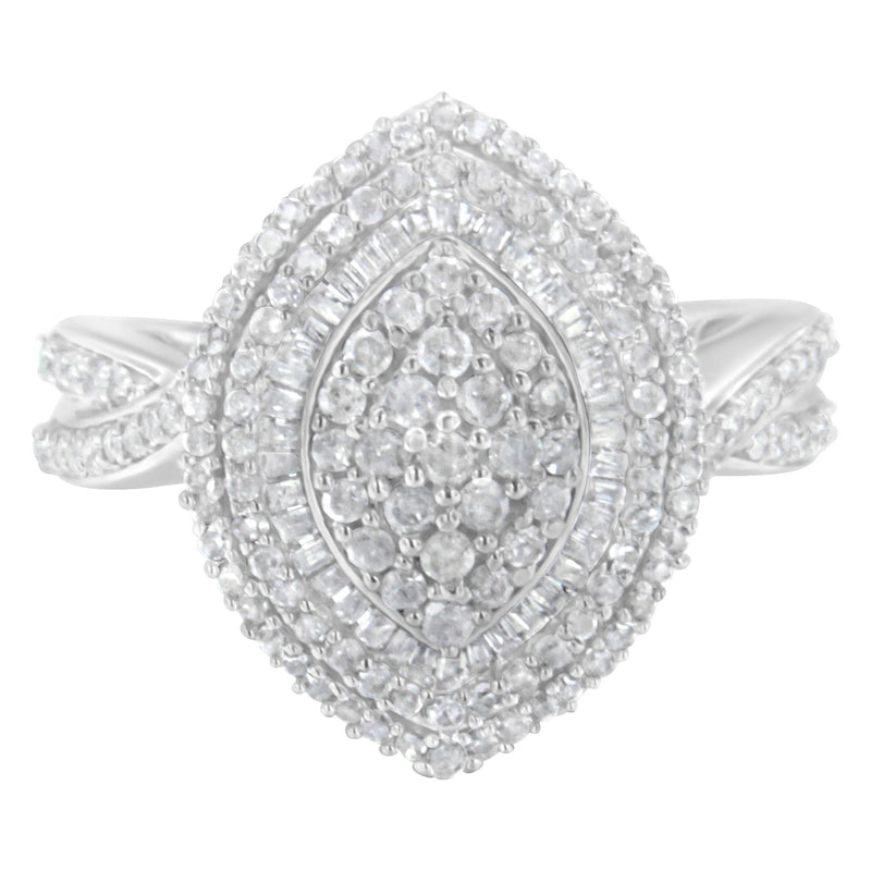 Bids.com .925 Sterling Silver 1.0 Cttw Round & Baguette-Cut Diamond Marquise-Shaped Cluster Triple Stepped Halo Cocktail Fashion Ring (I-J Color, I2-I3 Clarity) - Size 7 Rings
