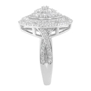 Bids.com .925 Sterling Silver 1.0 Cttw Round & Baguette-Cut Diamond Marquise-Shaped Cluster Triple Stepped Halo Cocktail Fashion Ring (I-J Color, I2-I3 Clarity) - Size 7 Rings