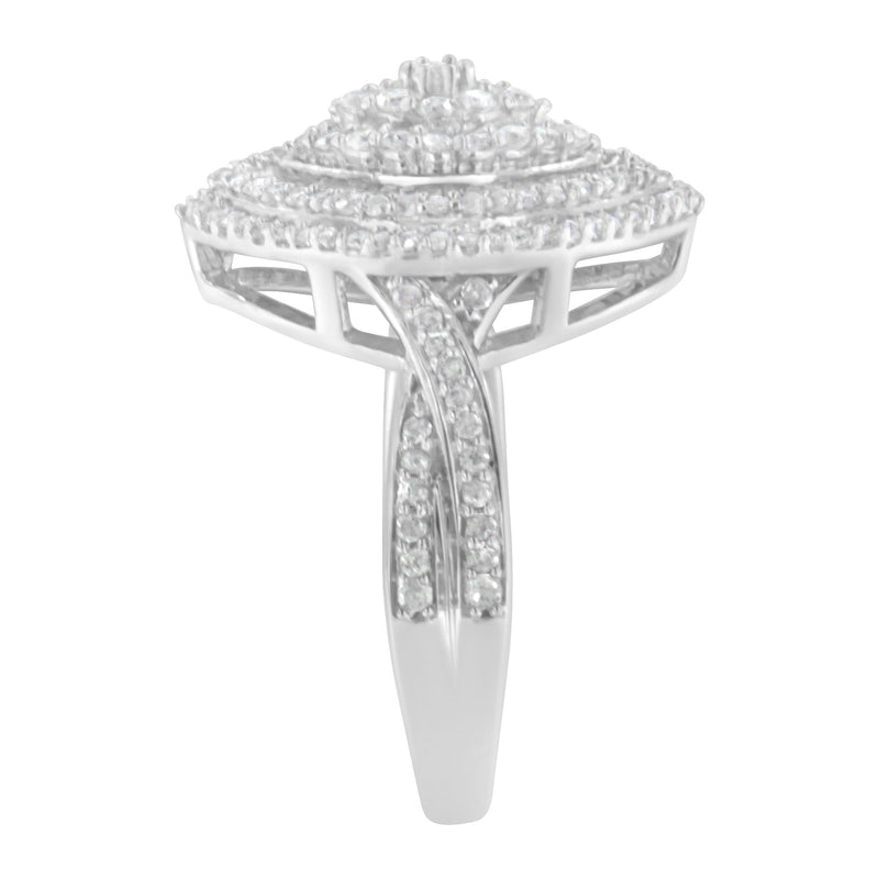 Bids.com .925 Sterling Silver 1.0 Cttw Round & Baguette-Cut Diamond Marquise-Shaped Cluster Triple Stepped Halo Cocktail Fashion Ring (I-J Color, I2-I3 Clarity) - Size 7 Rings