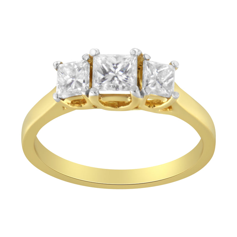 Bids.com 10K Yellow Gold Princess-Cut Diamond Three Stone Band Ring (1 Cttw, J-K Color, I1-I2 Clarity) - Size 6 Rings