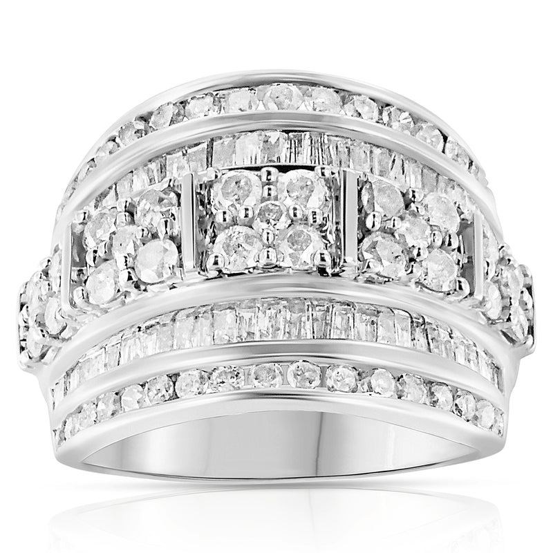 Bids.com .925 Sterling Silver 2.0 Cttw Round & Baguette Cut Diamond Multi-Row Channel Set Tapered Cocktail Fashion Ring (I-J Color, I3 Clarity) - Size 7 Rings