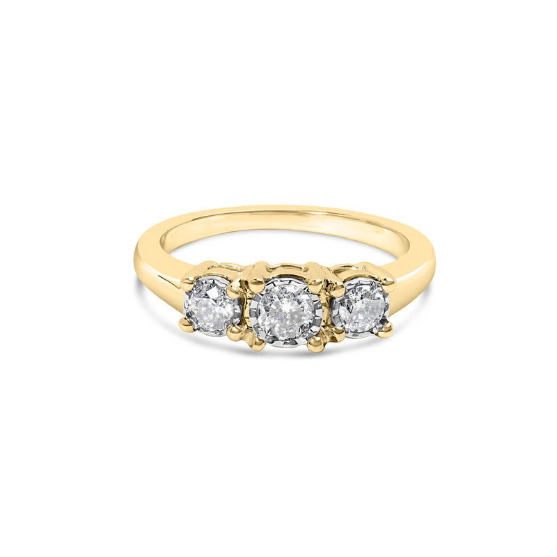 Bids.com 10K Yellow Gold 1/2 Cttw Miracle Set Round Diamond Three Stone Illusion Plate Ring (I-J Color, I2-I3 Clarity) - Size 7 Rings