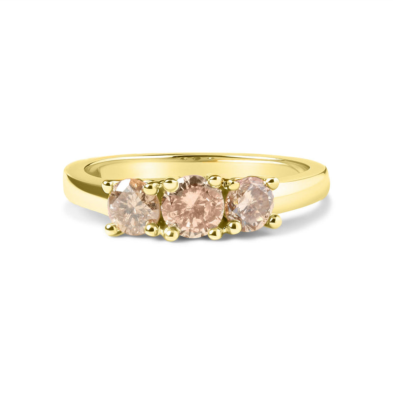 Bids.com 10K Yellow Gold 1.00 Cttw Champagne Diamond 3-Stone Band Ring (J-K Color, I1-I2 Clarity)  - Size 7 Rings