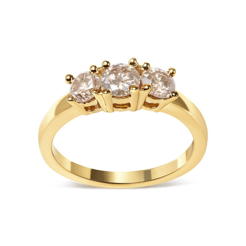 Bids.com 10K Yellow Gold 1.00 Cttw Champagne Diamond 3-Stone Band Ring (J-K Color, I1-I2 Clarity)  - Size 7 Rings