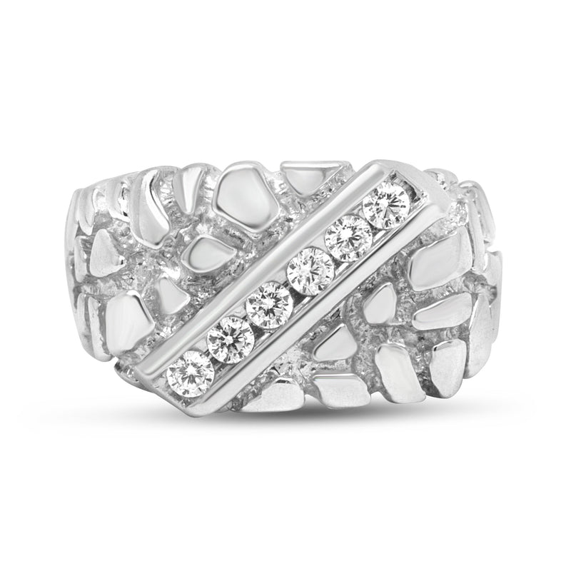 Bids.com .925 Sterling Silver 1/3 Diamond 6 Stone Rectangle Nugget Gents Ring - Size 10 Rings