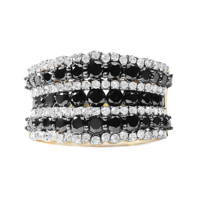 Bids.com 14K Yellow Gold Plated .925 Sterling Silver 1 3/4 Cttw Treated Black and White Alternating Diamond Multi Row Band Ring (Black / I-J Color, I2-I3 Clarity) - Size 7 Rings