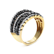 Bids.com 14K Yellow Gold Plated .925 Sterling Silver 1 3/4 Cttw Treated Black and White Alternating Diamond Multi Row Band Ring (Black / I-J Color, I2-I3 Clarity) - Size 7 Rings
