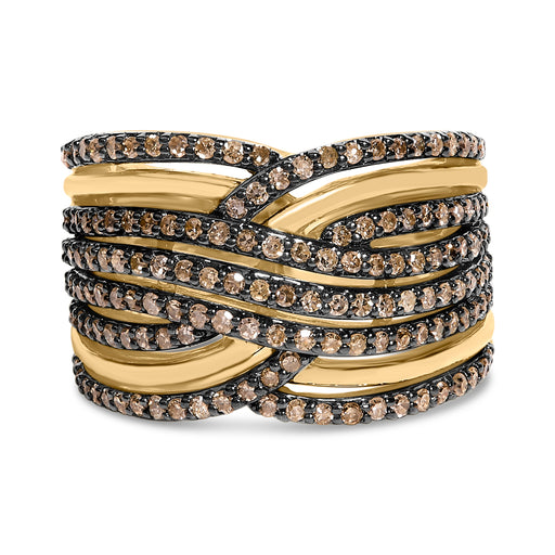 Bids.com 10K Yellow Gold Plated .925 Sterling Silver 1.0 Cttw Champagne Diamond Multi Row Cross Over Band Ring - Size 7 Rings
