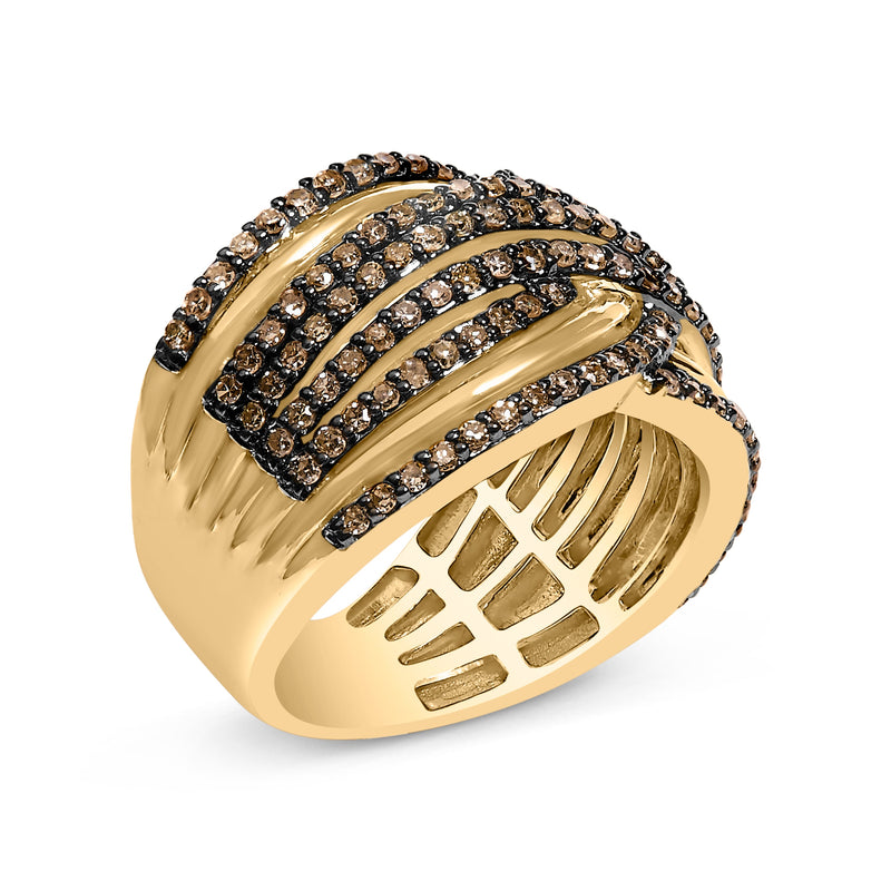 Bids.com 10K Yellow Gold Plated .925 Sterling Silver 1.0 Cttw Champagne Diamond Multi Row Cross Over Band Ring - Size 7 Rings