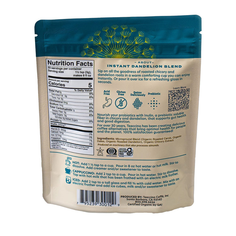 Teeccino Instant Dandelion Herbal Coffee Instant Coffee