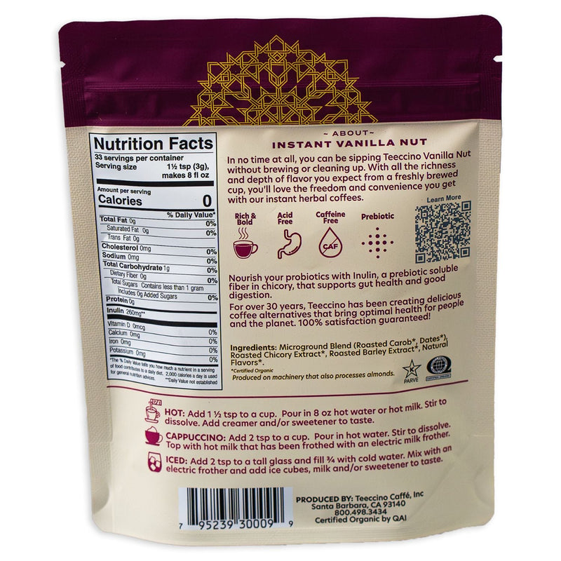 Teeccino Instant Vanilla Nut Herbal Coffee Instant Coffee