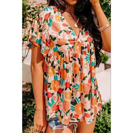 Printed V-Neck Short Sleeve Blouse