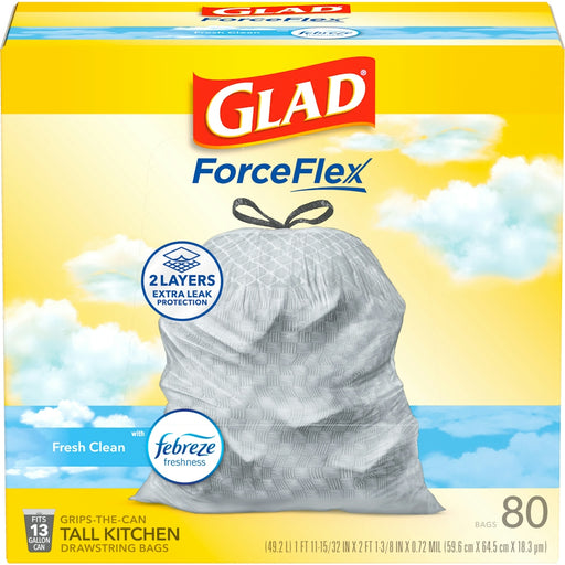 Glad Glad ForceFlex Kitchen Drawstring Trash Bags, 13 Gal, Fresh Clean Scent, 24" X 27.38", White, 80 Bags/Box, 3 Boxes/Carton CLO78899 Paper & Plastic Shopping Bags