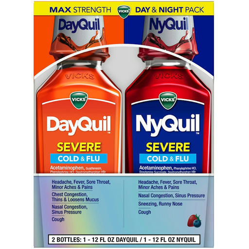 Vicks Vicks DayQuil & NyQuil Severe Cold & Flu Relief Liquid, Day & Night Pack, 2 x 12 fl oz Medicine & Drugs