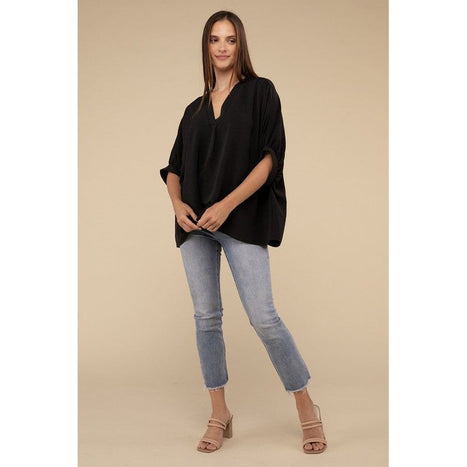 Woven Airflow V-Neck Puff Half Sleeve Top