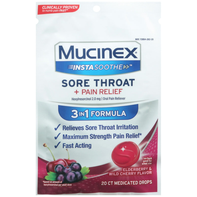 Mucinex Mucinex InstaSoothe Sore Throat + Pain Relief, 3 In 1 Formula, Medicated Drops, Elderberry & Wild Cherry Flavor Health & Beauty White Smoke