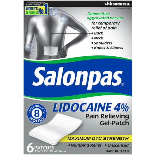 Salonpas Salonpas Lidocaine 4% Pain Relieving Gel-Patch, Maximum Strength, Unscented, 6 Patches Health & Beauty