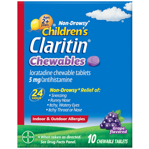 Claritin Children's Claritin 24-Hour Non-Drowsy Allergy Relief, 5mg Loratadine, Grape Flavor, 10 Chewable Tablets Medicine & Drugs