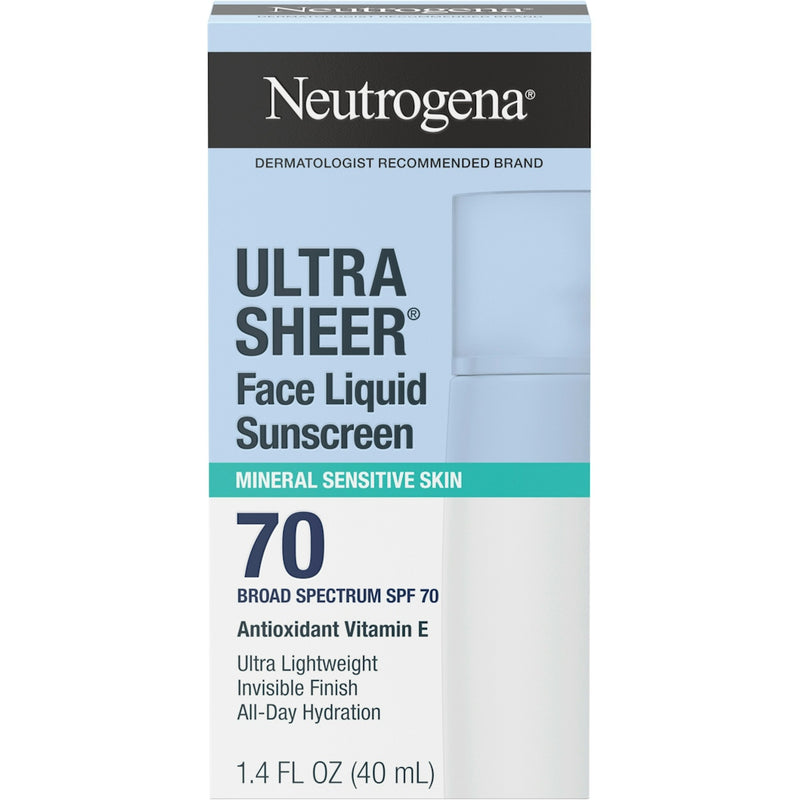 Neutrogena Neutrogena Ultra Sheer Face Liquid Mineral Sunscreen, Lightweight, Broad Spectrum SPF 70 Facial Sunscreen For Sensitive Skin Leaves A Silky, Non-Greasy Finish, Oxybenzone-Free, 1.4 Fl. Oz Sunscreen