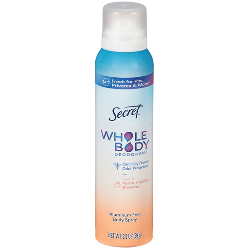 Secret Secret Whole Body Aluminum Free Deodorant Spray, Peach & Vanilla Blossom - 3.5 oz Deodorant