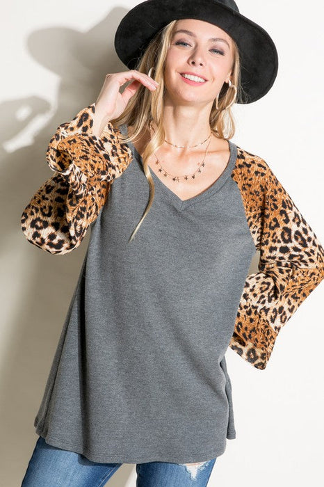 Plus Solid Cheetah Mixed Blouse Top