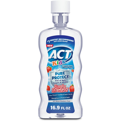 Act ACT Kids Anticavity Fluoride Rinse, Pure Protect Strawberry, 16.9 fl oz – Alcohol-Free & Dye-Free Mouthwash