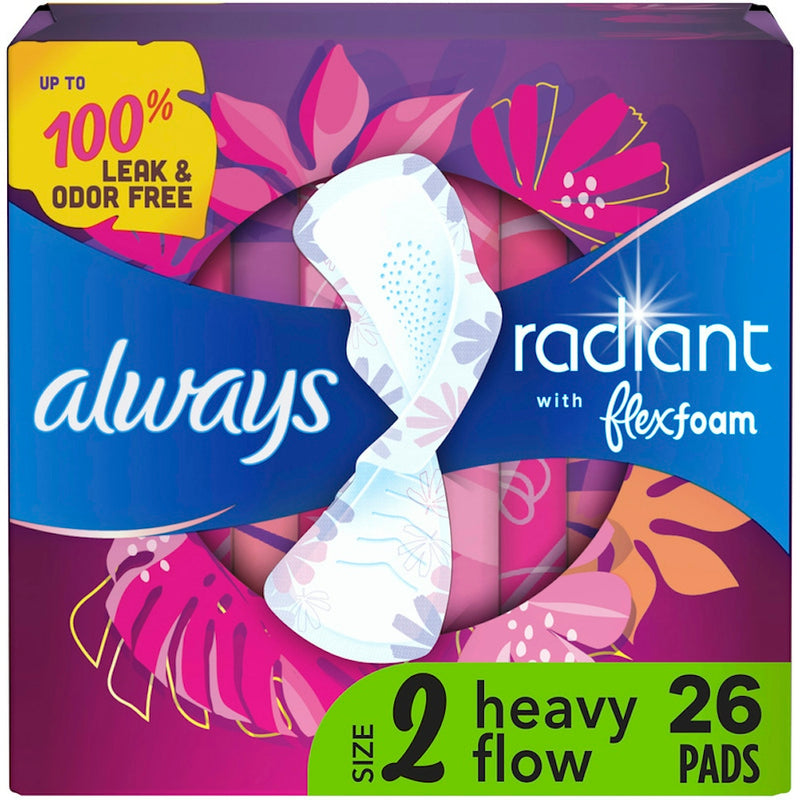 Always Always Radiant Pads, Size 2, Heavy Flow Absorbency, Light Clean Scent, 26 Count Personal Care