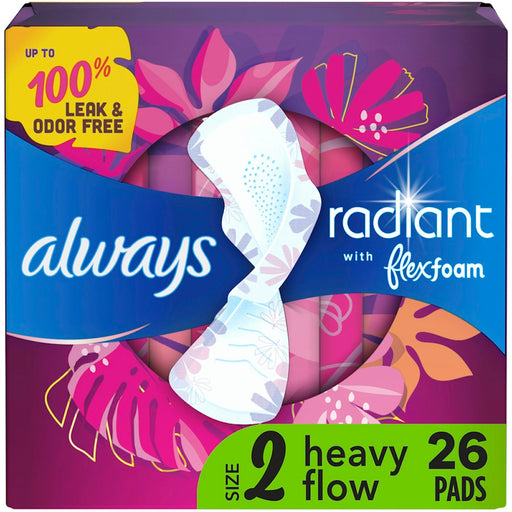 Always Always Radiant Pads, Size 2, Heavy Flow Absorbency, Light Clean Scent, 26 Count Personal Care