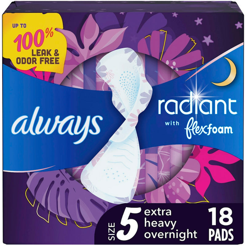 Always Always Radiant FlexFoam Pads For Women, Size 5, Extra Heavy Overnight Absorbency, 100% Leak & Odor Free Protection Is Possible, With Wings, Scented Health & Beauty Black