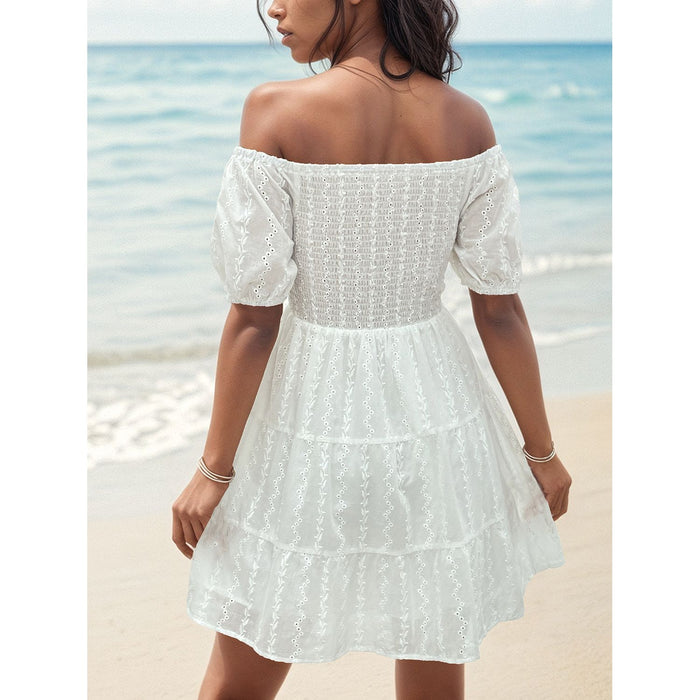 Smocked Eyelet Off-Shoulder Mini Dress