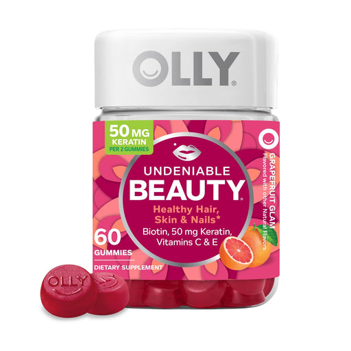Olly Olly Undeniable Beauty Gummy, 30 Day Supply, Grapefruit Glam, Biotin, Vitamin C, Keratin, For Hair, Skin, Nails, Chewable Supplement Vitamins & Supplements