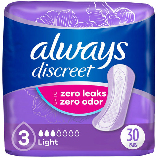 Always Discreet Always Discreet Pads, Light Absorbency, Regular Length,30 Count Incontinence Aids Midnight Blue
