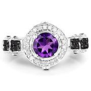 Bids.com 1.02 Carat Genuine Amethyst, Black Diamond & White Diamond .925 Sterling Silver Ring Rings