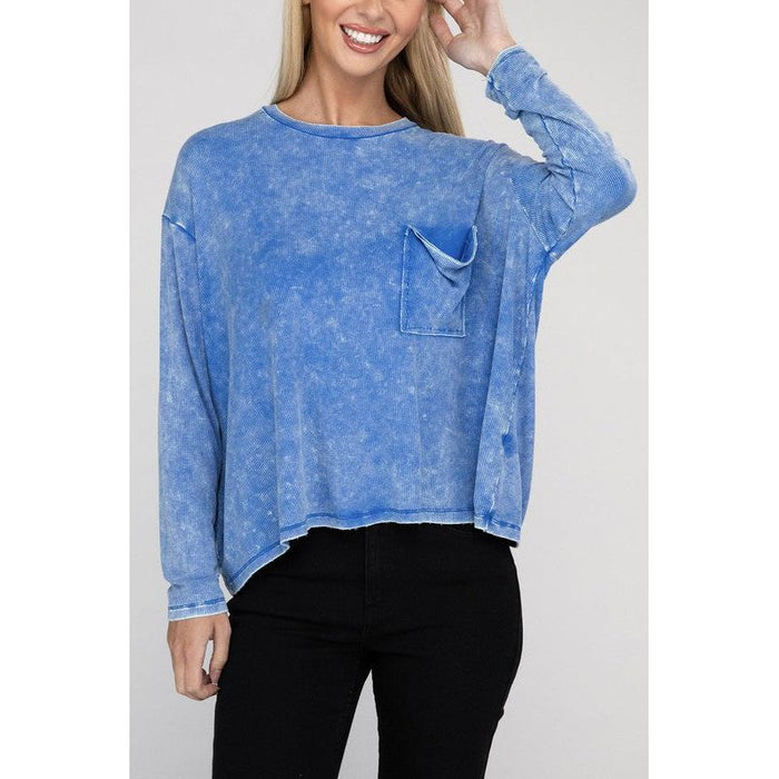 Washed Ribbed Dolman Sleeve Round Neck Top