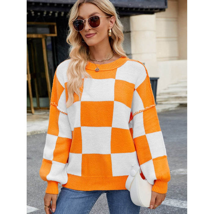 Checkered Round Neck Long Sleeve Sweater