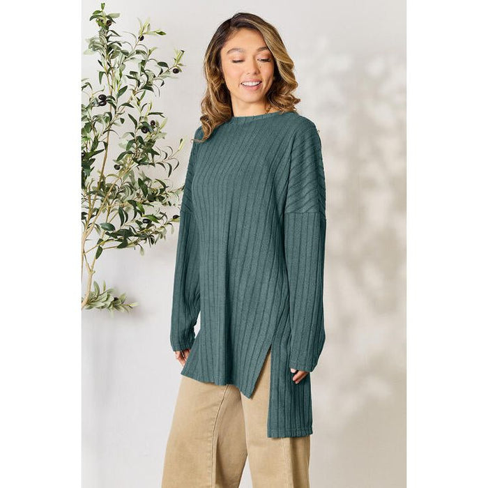 Basic Bae Ribbed Round Neck Long Sleeve Slit Top