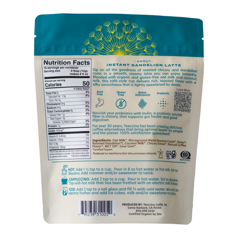 Teeccino Instant Dandelion Herbal Latte Instant Latte