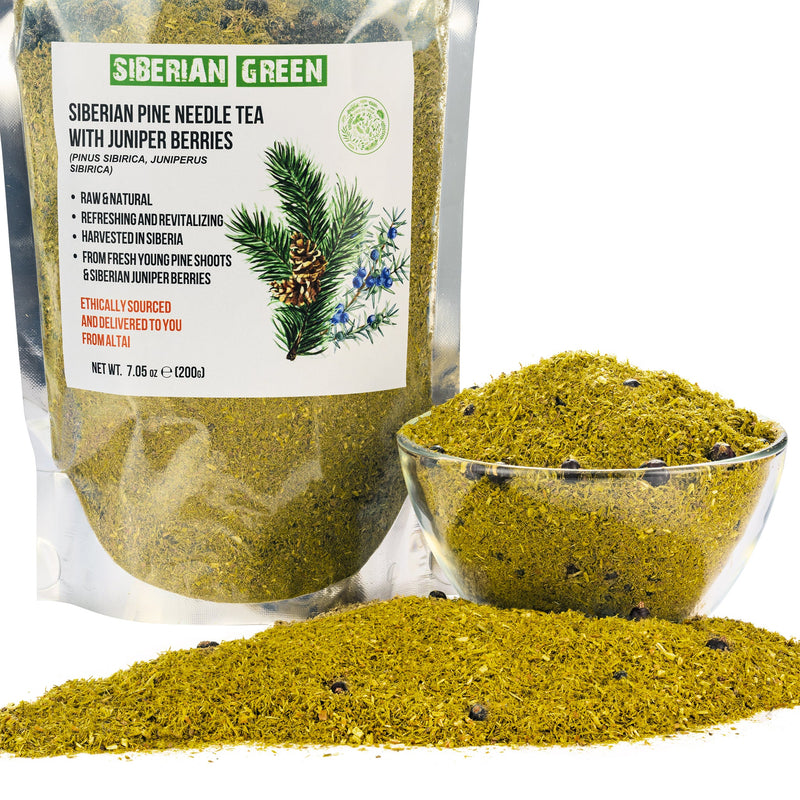 SiberianGreen.com White Pine Needle Tea Loose Powder with Juniper Berries 200g – 100% Natural & Organic from Siberian Green Tea & Infusions